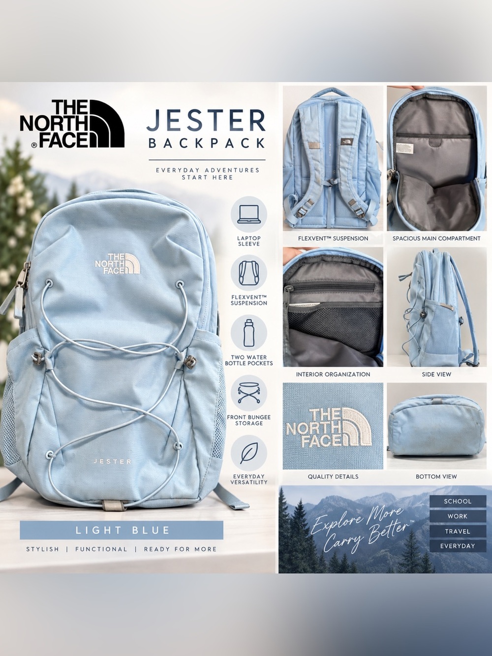 The North Face Jester Backpack Light Blue FlexVent Laptop Bag